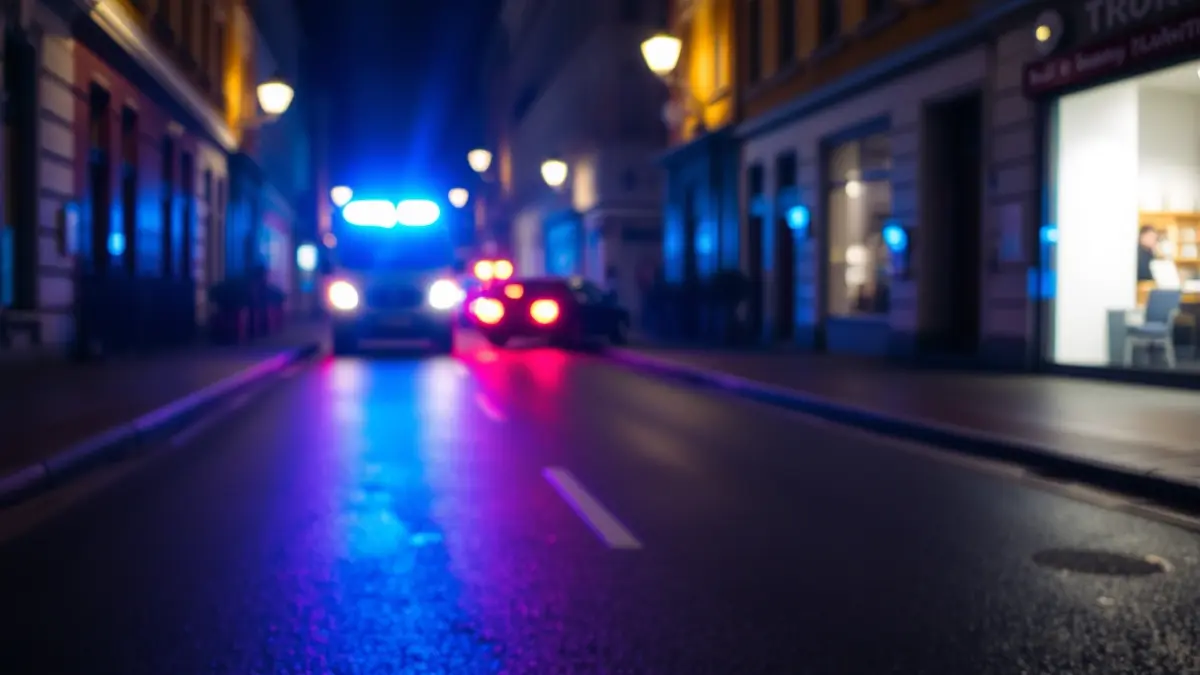 Irudi generikoa: Larrialdi-argiak asfalto hezean islatzen dira gaueko kale estu batean.