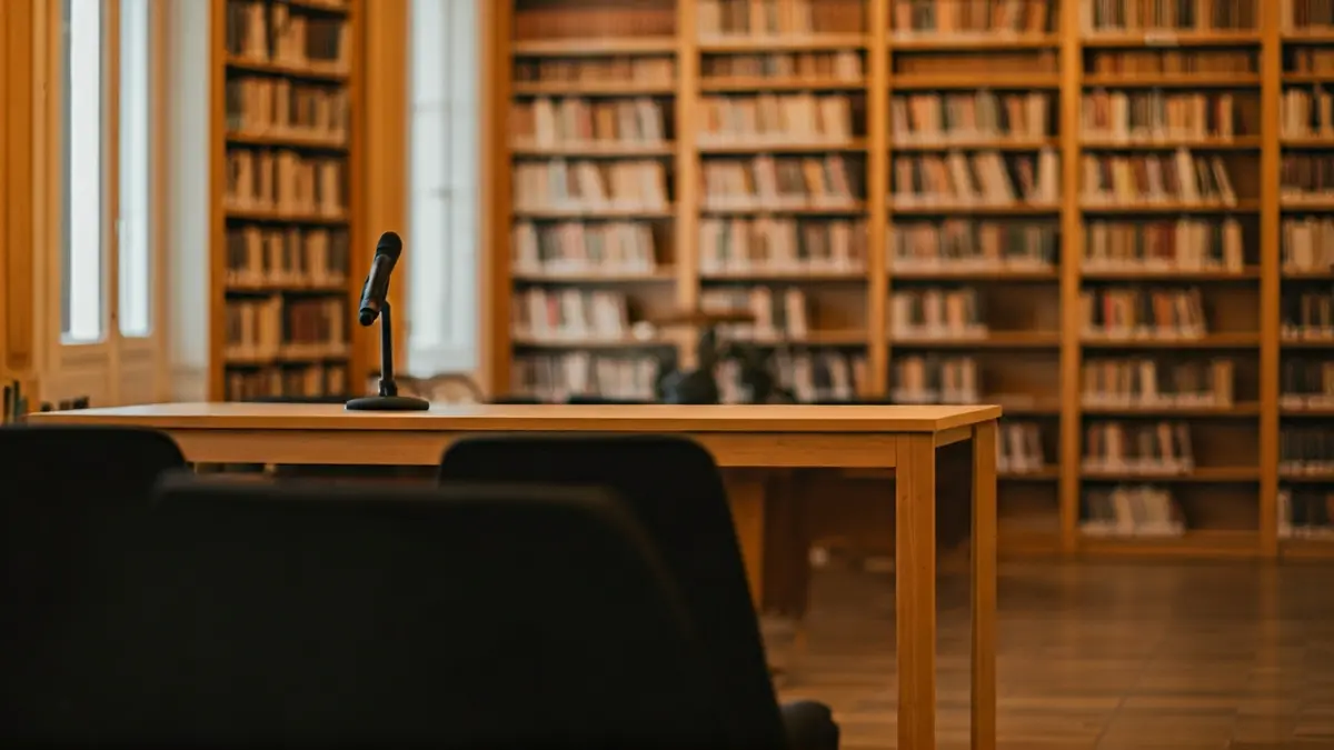 Irudi generikoa liburutegi bateko aretoarena, mikrofono batekin eta aulki hutsekin.