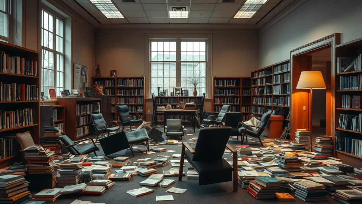 Disordered study room with books on the floor and overturned chairs.