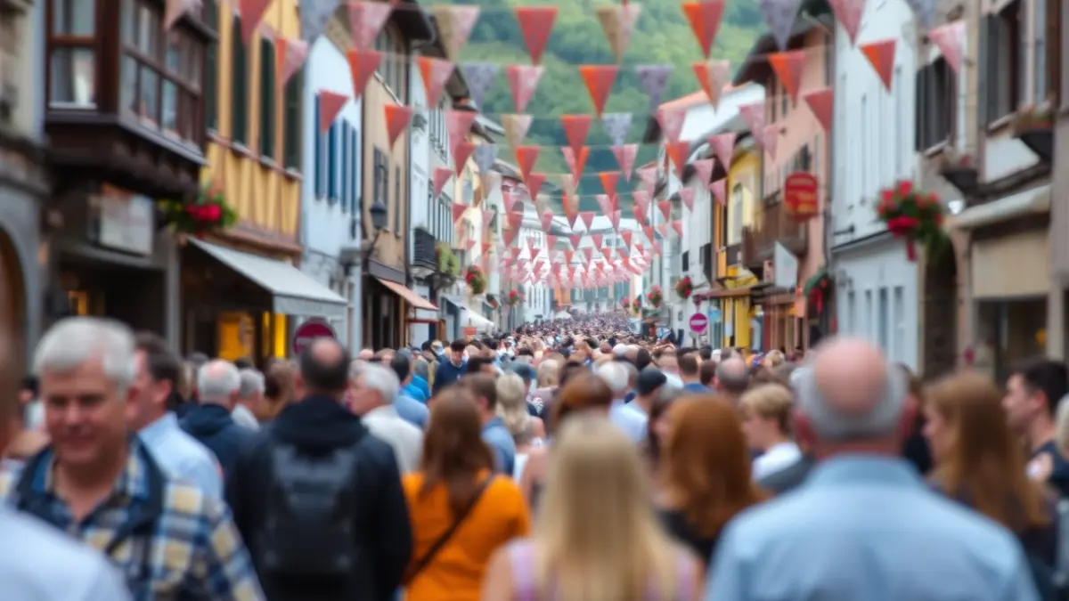 Imagen genérica de una calle festiva en un pueblo vasco, con multitudes borrosas y decoraciones coloridas.