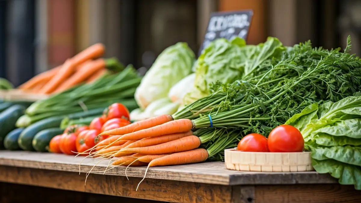 Irudi generikoa, barazki ekologiko freskoak erakusten dituen merkatu-postu batean.