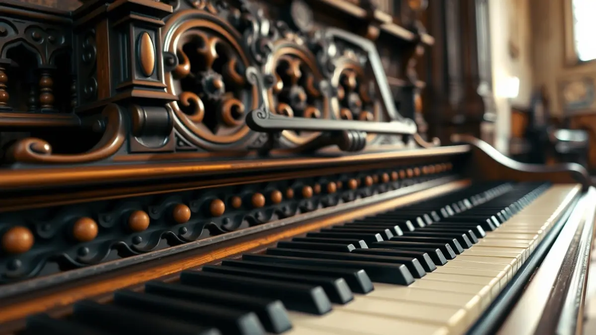 Irudi generikoa organo zahar baten teklatuaren xehetasunekin, eliza historiko batean.