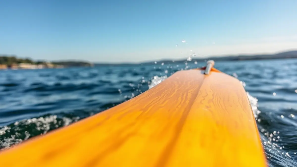 A rower's oar in the water, with a calm sea or river in the background.