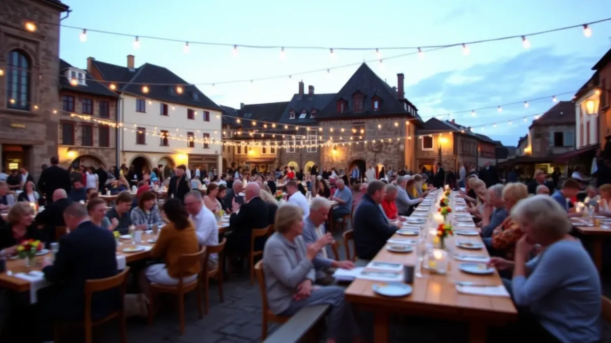 Imagen genérica: Una cena popular en la plaza del pueblo, con luces cálidas y gente reunida.