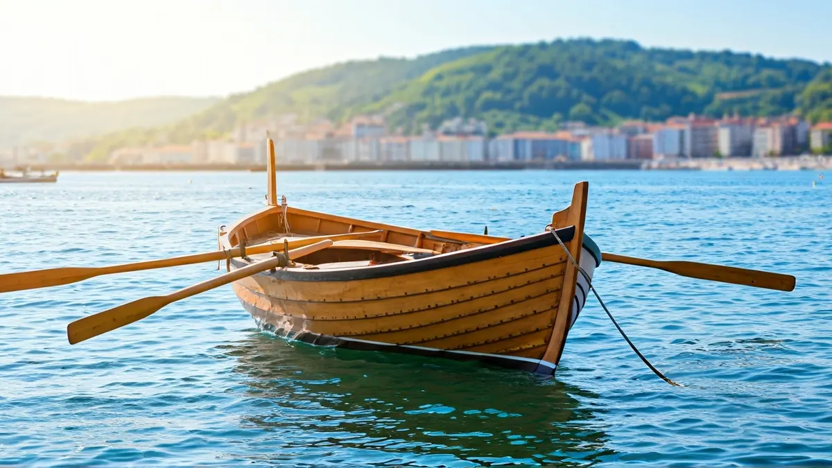 Orio taldearen batel bat uretan, arraunekin, kostaldeko paisaia lausoarekin atzealdean.