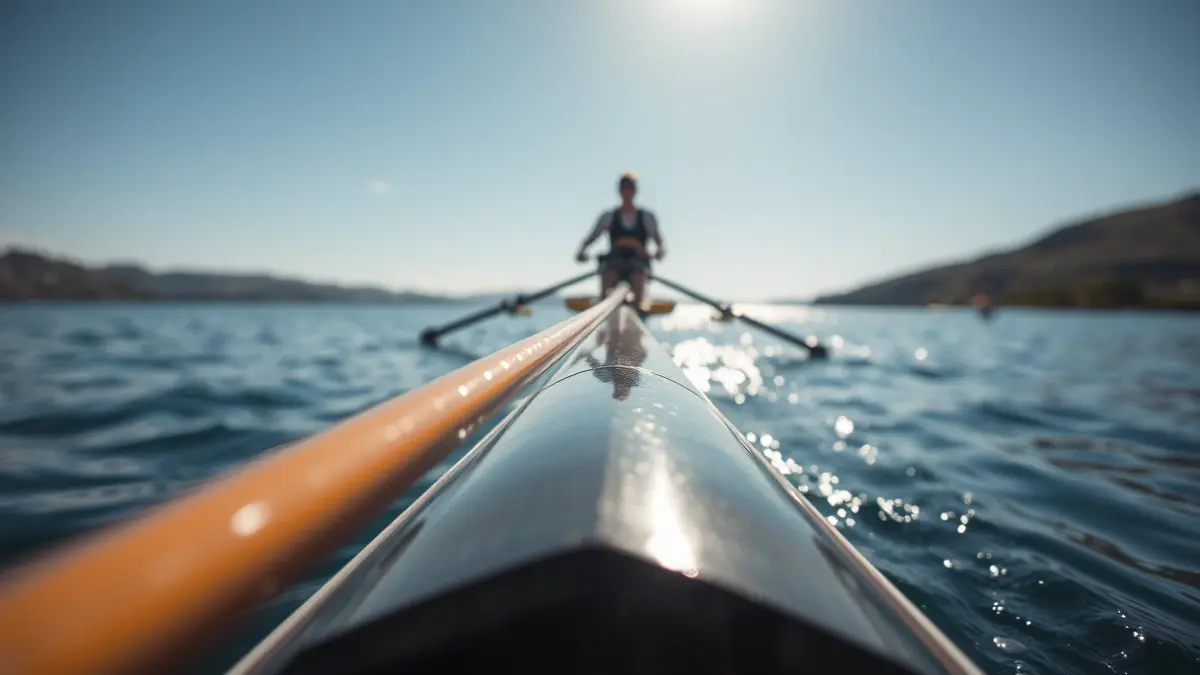 Generic image of a rowing boat's oar cutting through water, with blurred coastal scenery in the background.