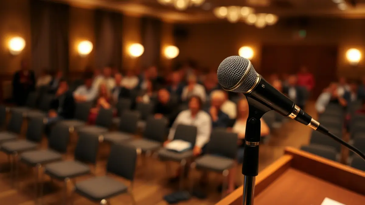 A microphone on a podium, with empty chairs in the background of a room, suggesting a cultural event.