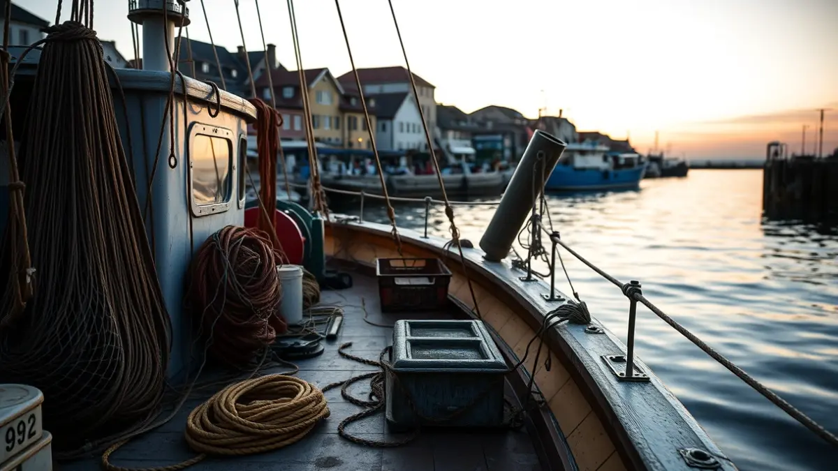 Arrantza-ontzi baten irudi generikoa, sareak eta arrantza-tresnak agerian.
