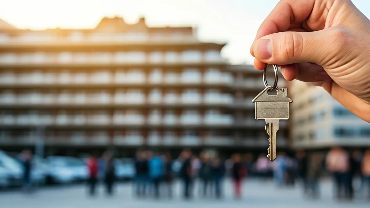 Esku bat etxeko giltza bat eusten, atzealdean Euskadiko kostaldeko herri bateko apartamentu eraikin moderno baten fatxada lausoa duela.