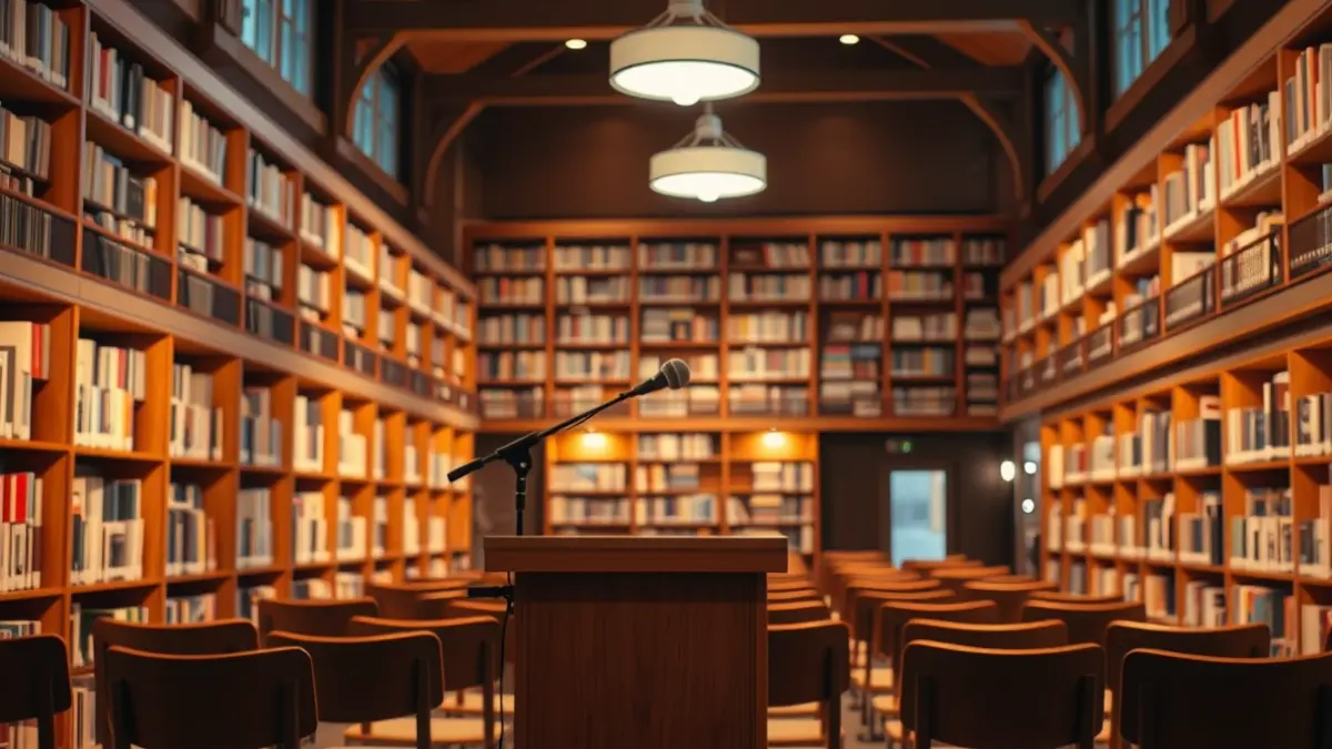 Generic image of a library interior with a podium with a microphone and rows of chairs.