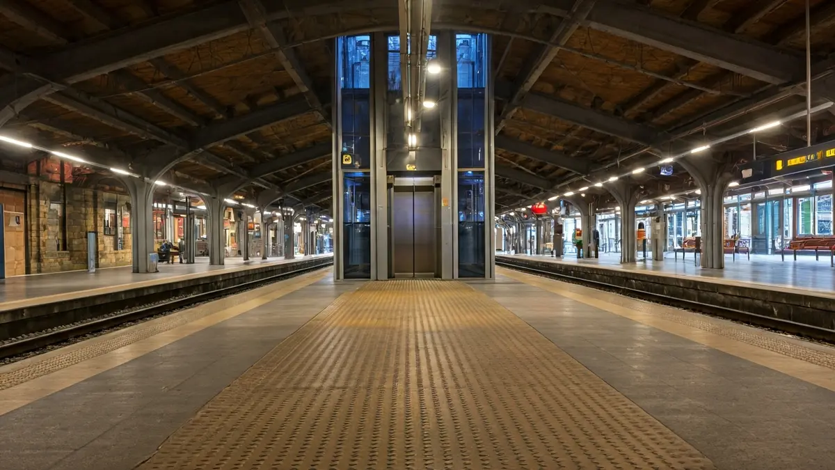 Modernized image of Ortuella's Sagrada Familia station with accessibility improvements.