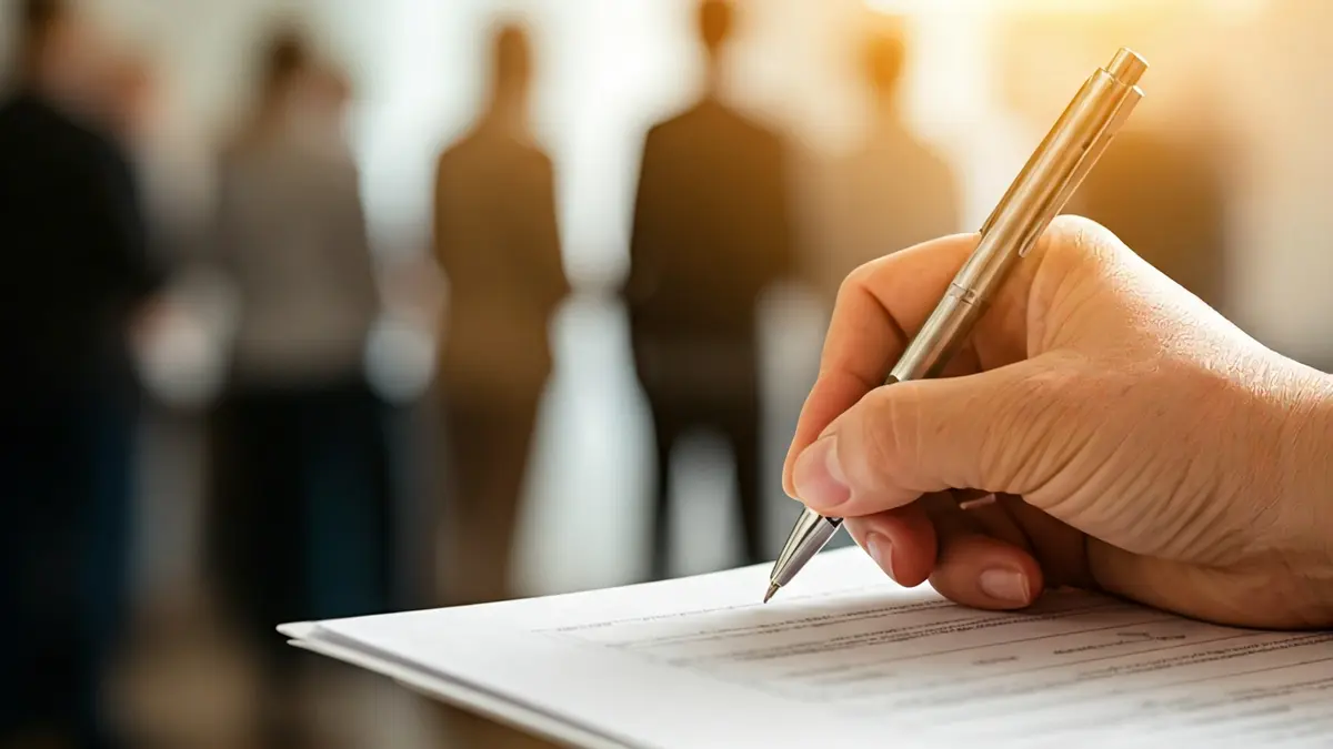 Generic image of a hand filling out a form, with blurred medical symbols in the background.