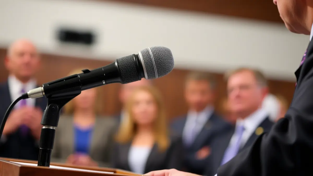 Mikrofono baten irudi generikoa podium batean, eztabaida politiko bat irudikatuz.