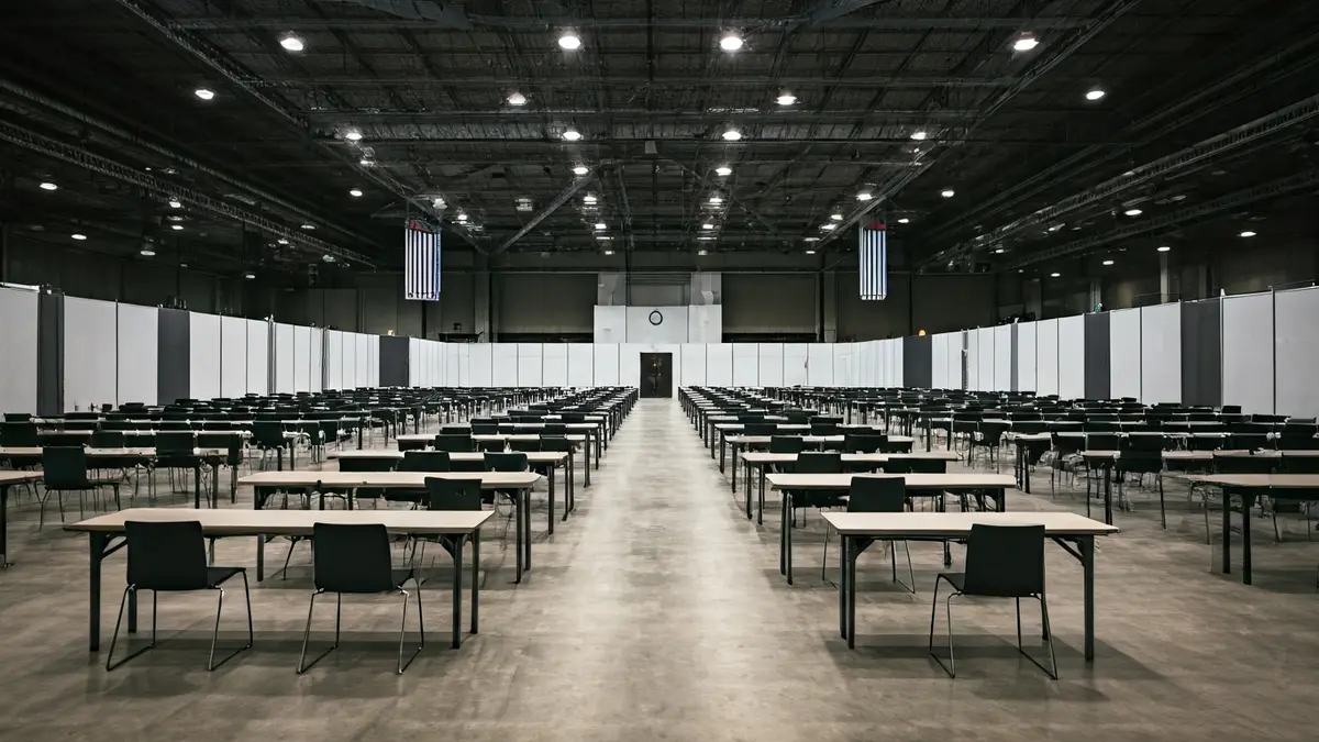 Generic image of a modern examination hall with rows of tables and chairs set up.