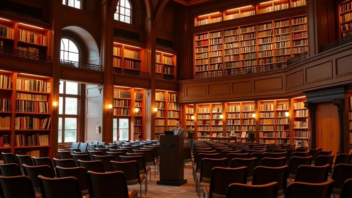 Liburutegi baten irudi generikoa, liburuak eta mikrofono bat dituena, irakurketa giroa irudikatuz.