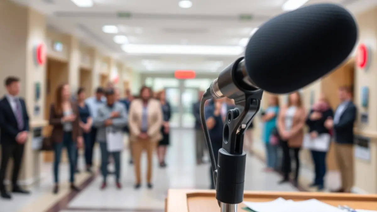 Mikrofono bat podium batean ospitaleko sarreran, atzealdean jende lausoa duela.