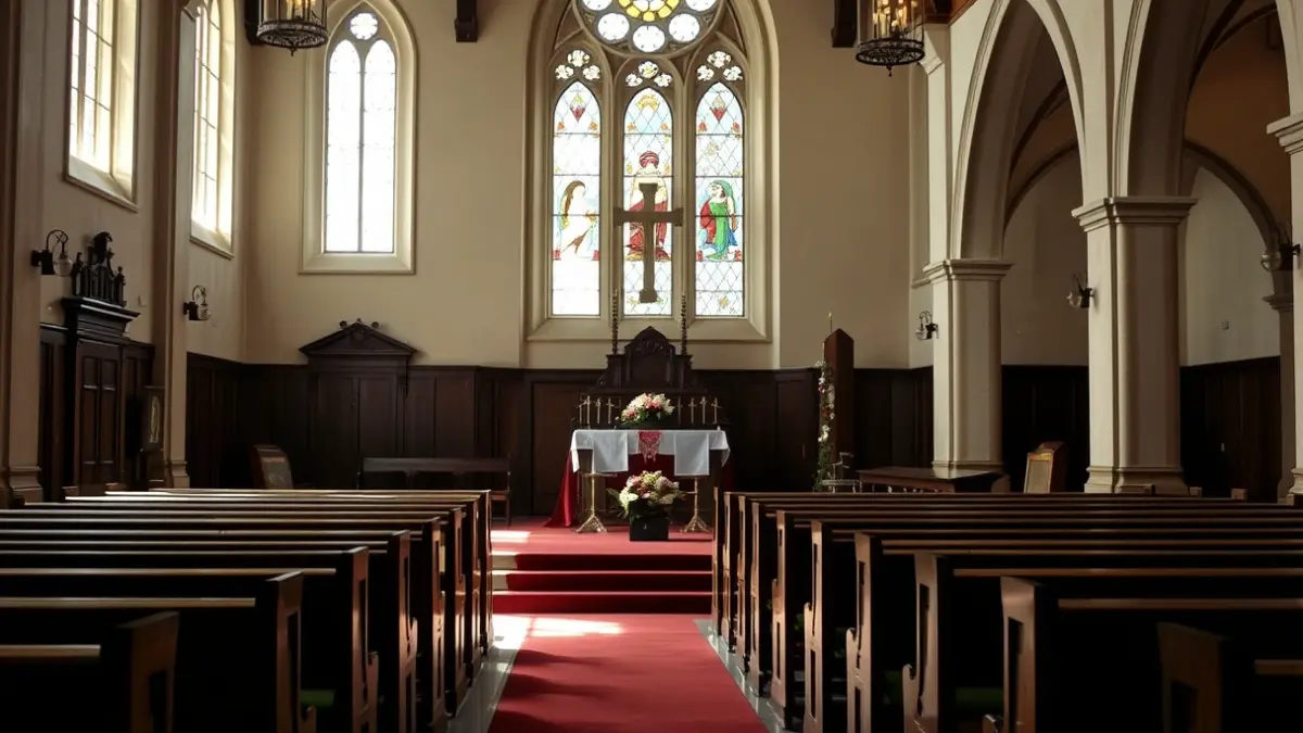 Generic image of a solemn church interior with soft light and an altar adorned with flowers.