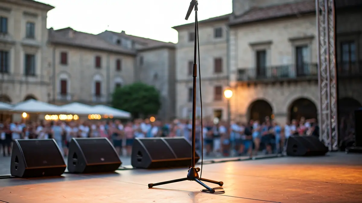 Generic image of an outdoor concert stage at dusk, with warm lights and stone buildings in the background.