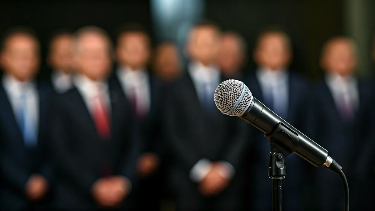 Irudi generikoa mikrofono baten podiumean, eztabaida politiko bat iradokitzen duena.