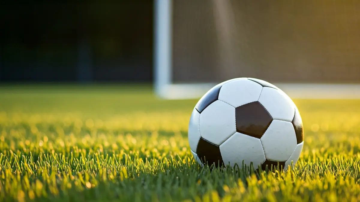 Irudi generikoa futbol baloi batena belar gainean, atea atzealdean lausotuta.