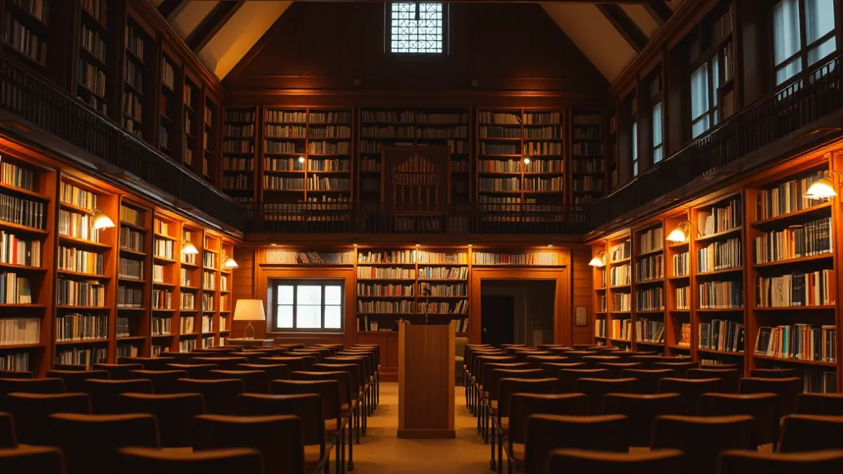 Imagen genérica de un interior de biblioteca con estanterías de madera, un micrófono y filas de sillas, en un ambiente de lectura acogedor.