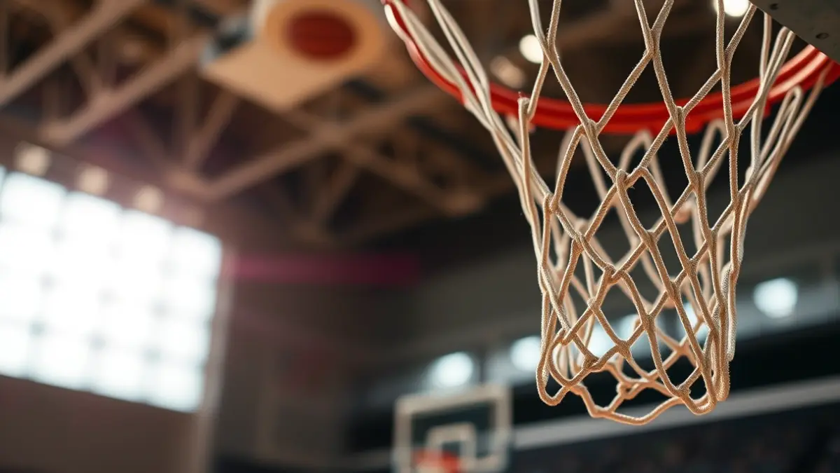Generic image of a basketball net with a blurred court in the background.