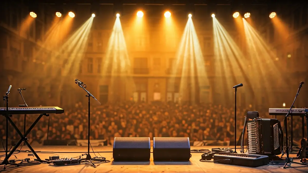 Irudi generikoa musika-tresnez betetako eszenatoki batena, kontzertu giroa irudikatuz.