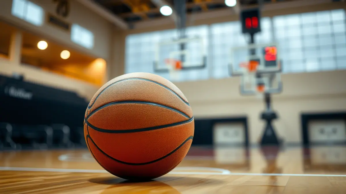 Imagen genérica de un balón de baloncesto en una cancha, con la canasta difuminada al fondo.