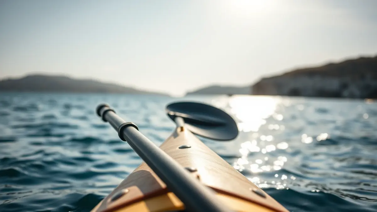 Generic image of a sea kayak paddle, at the edge of a calm sea.