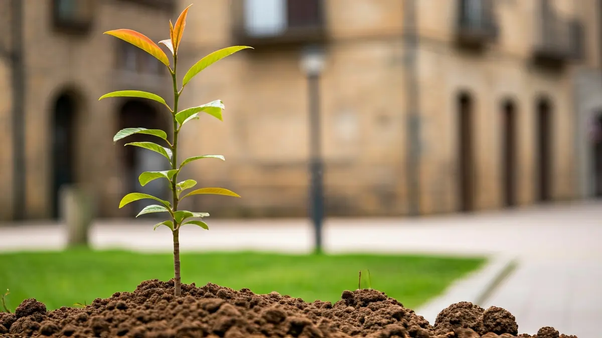Irudi generikoa hiriko parke batean landatutako zuhaitz gazte batena.