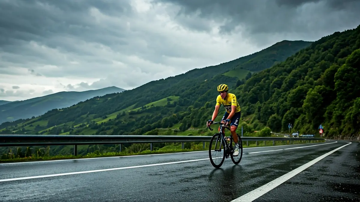 Paul Seixas txirrindularia euri-jasa baten erdian, Euskal Herriko errepide busti batean.