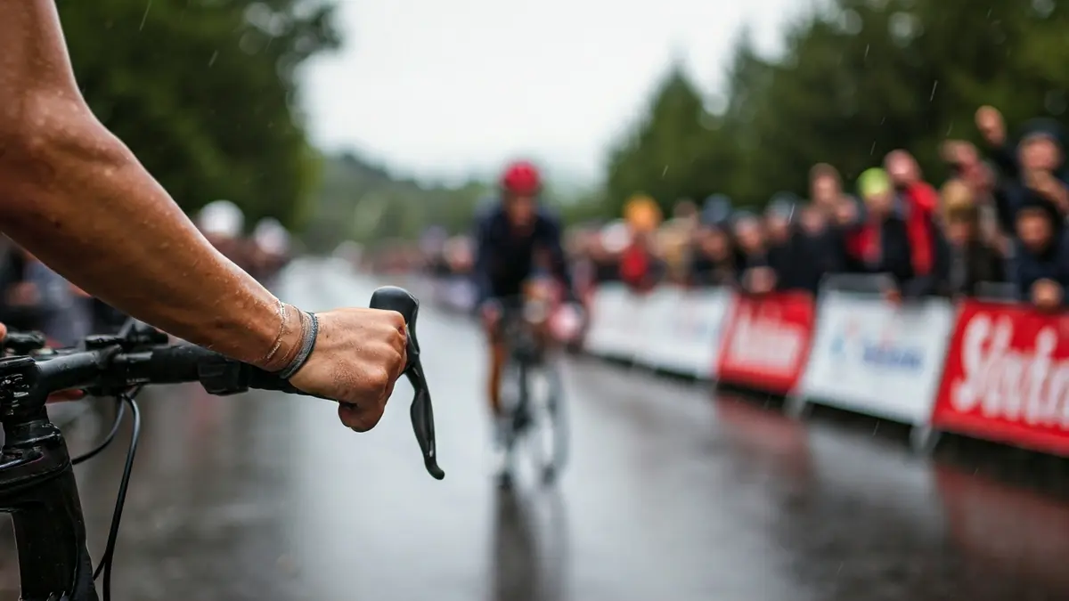 A cyclist's hand gripping handlebars, with a blurred background of a wet road and cheering spectators.