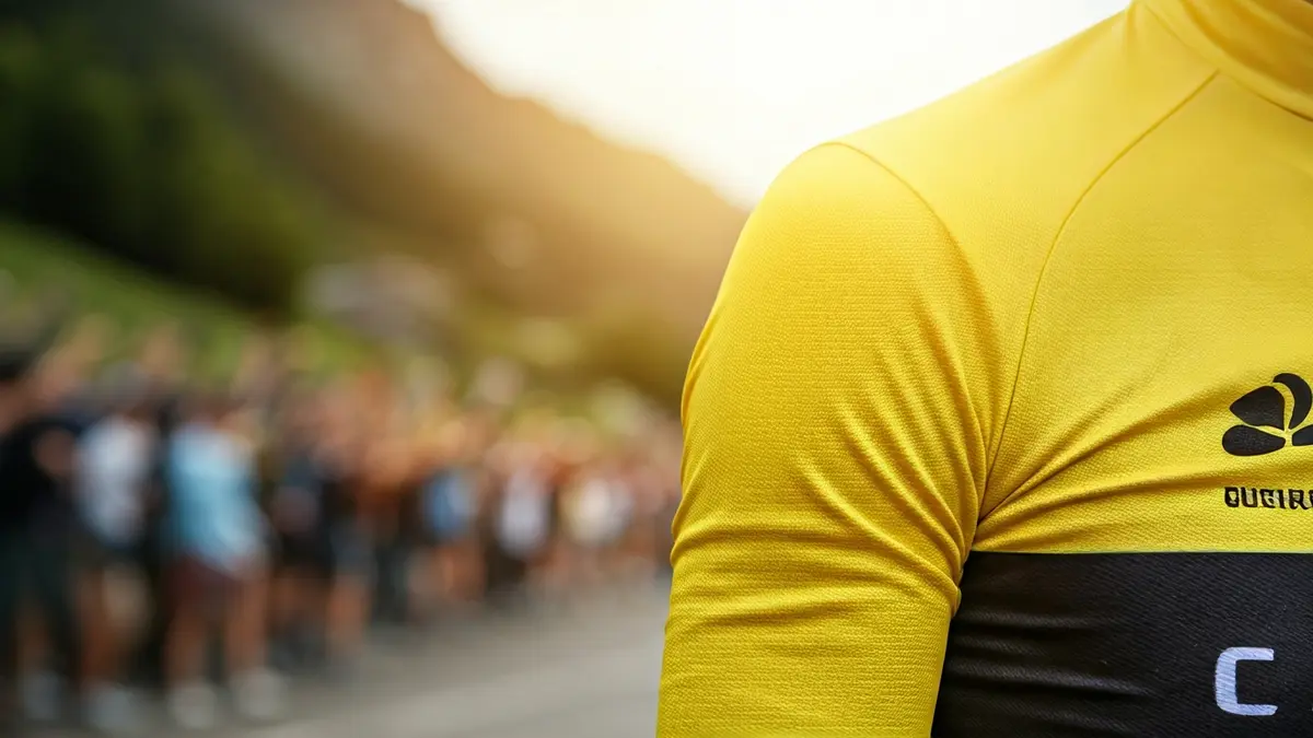 Imagen genérica de un primer plano de un maillot de ciclismo amarillo con un fondo borroso de un paisaje montañoso de Euskadi.