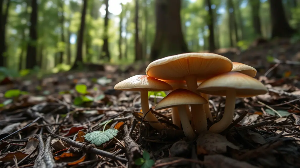 Imagen genérica de perretxikos frescos en el suelo del bosque, con luz solar filtrándose entre los árboles.