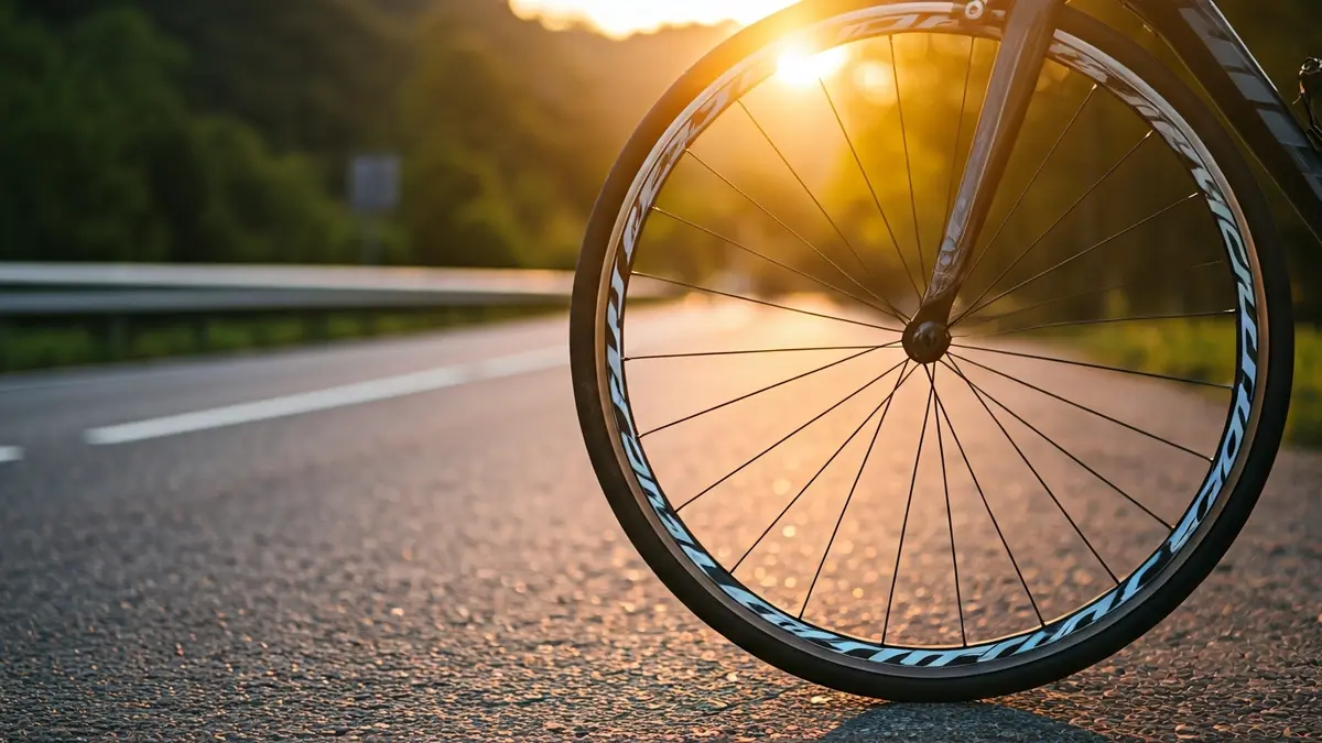 Irudi generikoa errepideko bizikleta baten gurpilaren hurbileko plano batena, Euskadiko errepide baten atzealde lausoarekin.