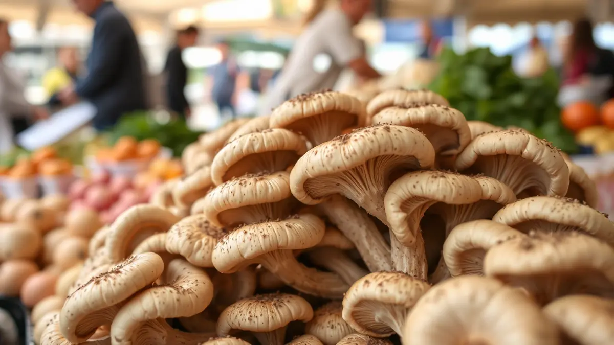 Fresh perretxikos at a market stall, with a blurred background.
