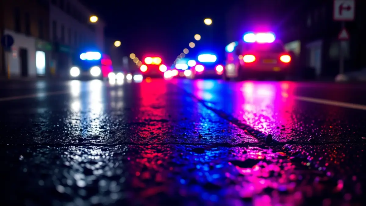 Imagen genérica de luces de emergencia azules y rojas reflejándose en asfalto mojado por la noche.