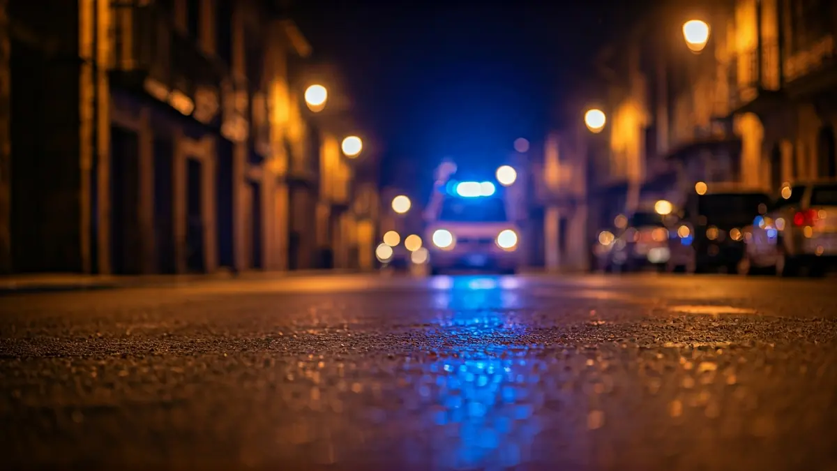 Irudi generikoa larrialdi-argien islada asfalto hezean, euskal herri bateko eraikin tradizionalak atzealdean.