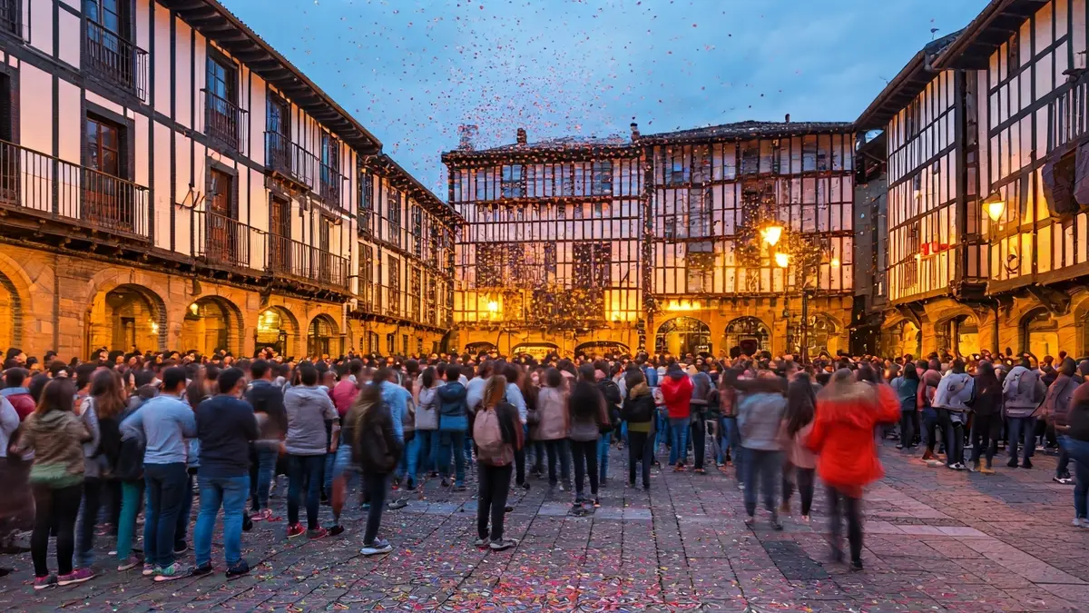 Arrasateko plaza batean ospatzen den jaialdi kultural baten irudi generikoa, gazte jendez beteta.