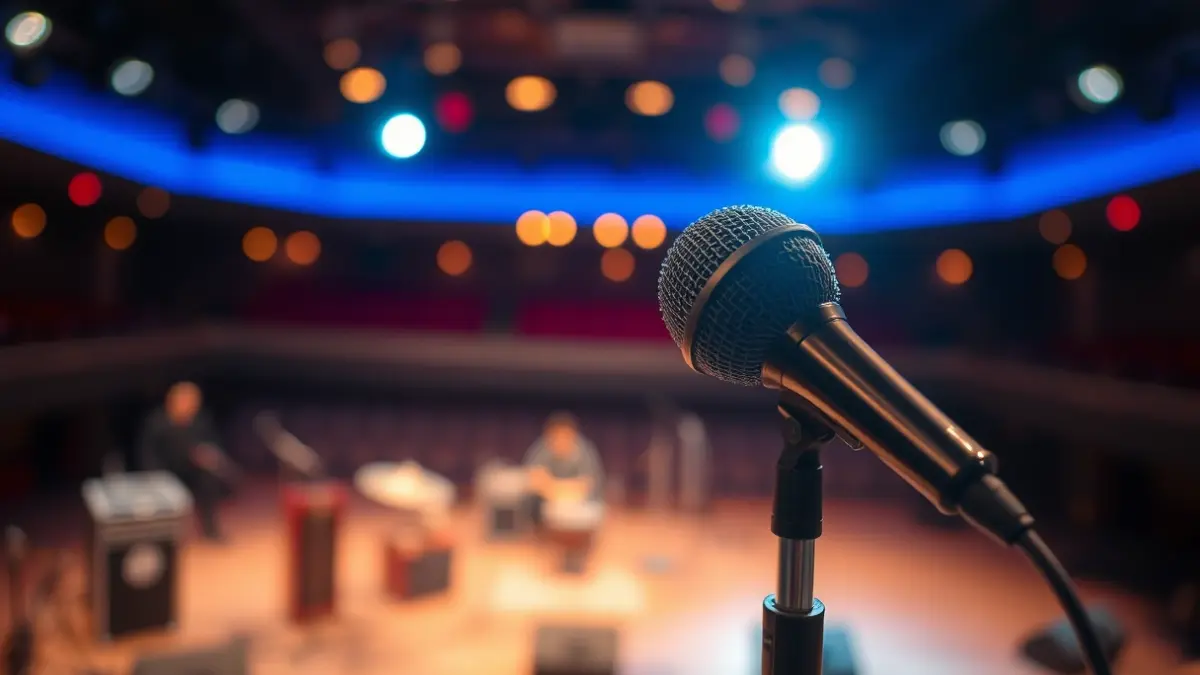 Imagen genérica de un micrófono en un escenario con instrumentos musicales borrosos al fondo.