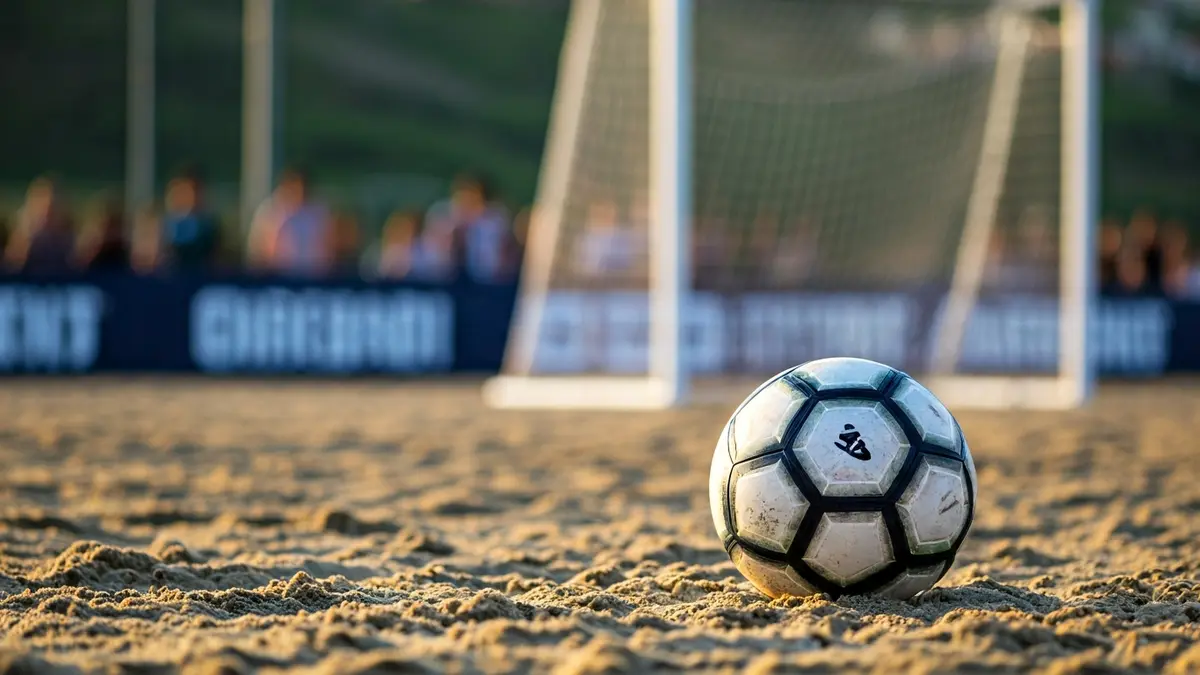 Hondartzako futbol baloi baten irudi generikoa, sare zuria atzealdean lausotuta.