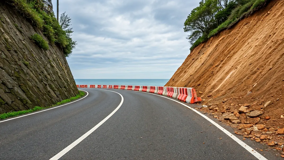 Image of a narrow road in Plentzia, with a landslide and the sea in the background.