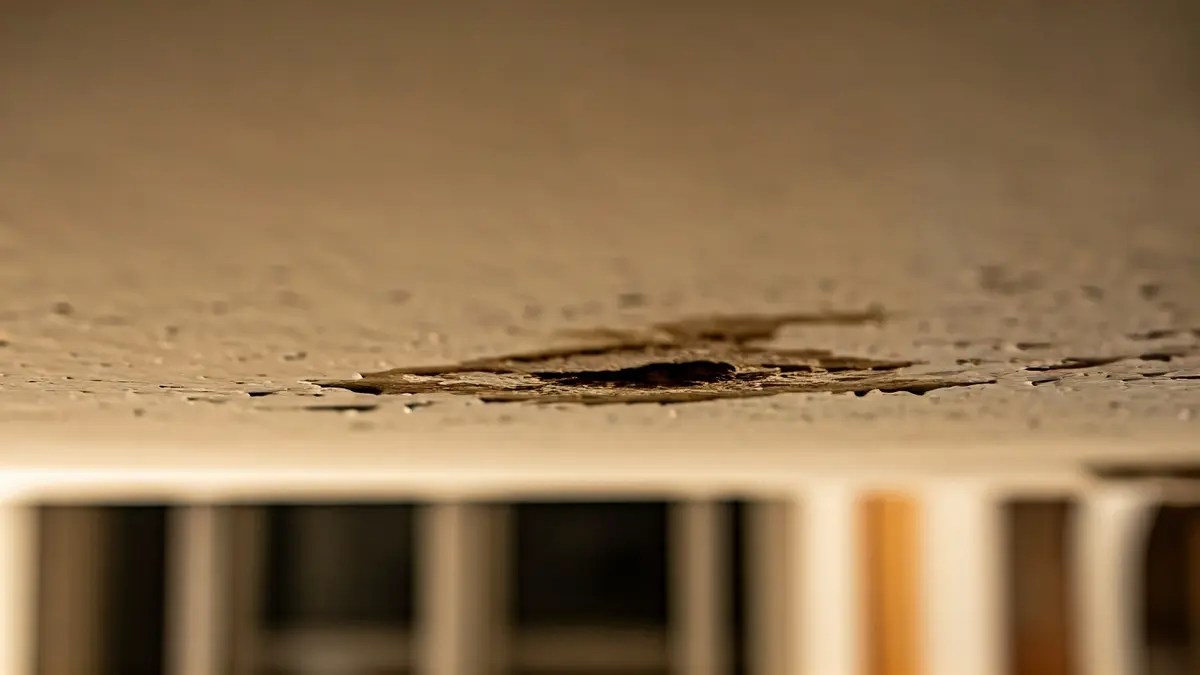 Irudi generikoa ur-orbanak eta hezetasuna erakusten dituen sabaian, eraikin zahar bateko kalteak adieraziz.