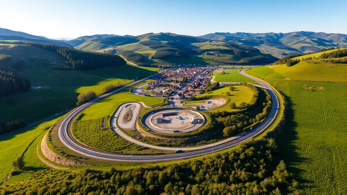Aerial view of the Pobes bypass construction, circling the railway and the village.