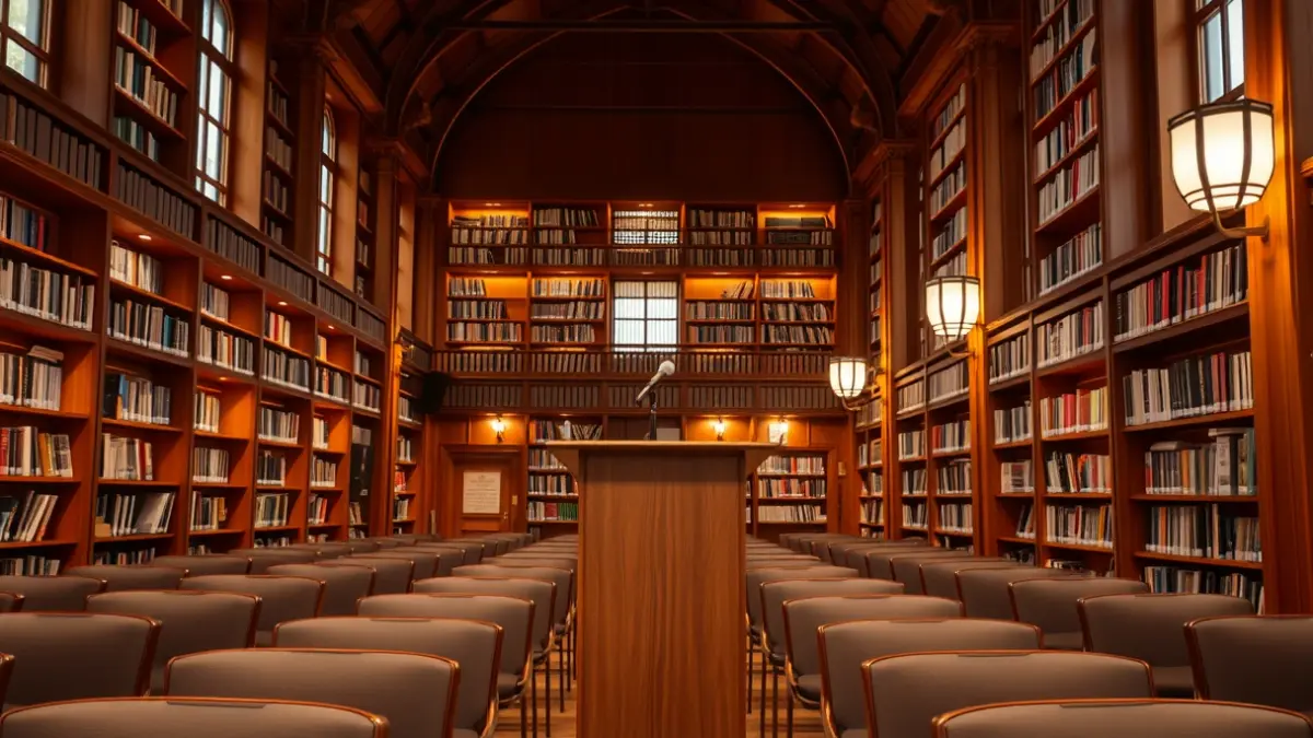 Imagen genérica del interior de una biblioteca con un micrófono y sillas vacías.