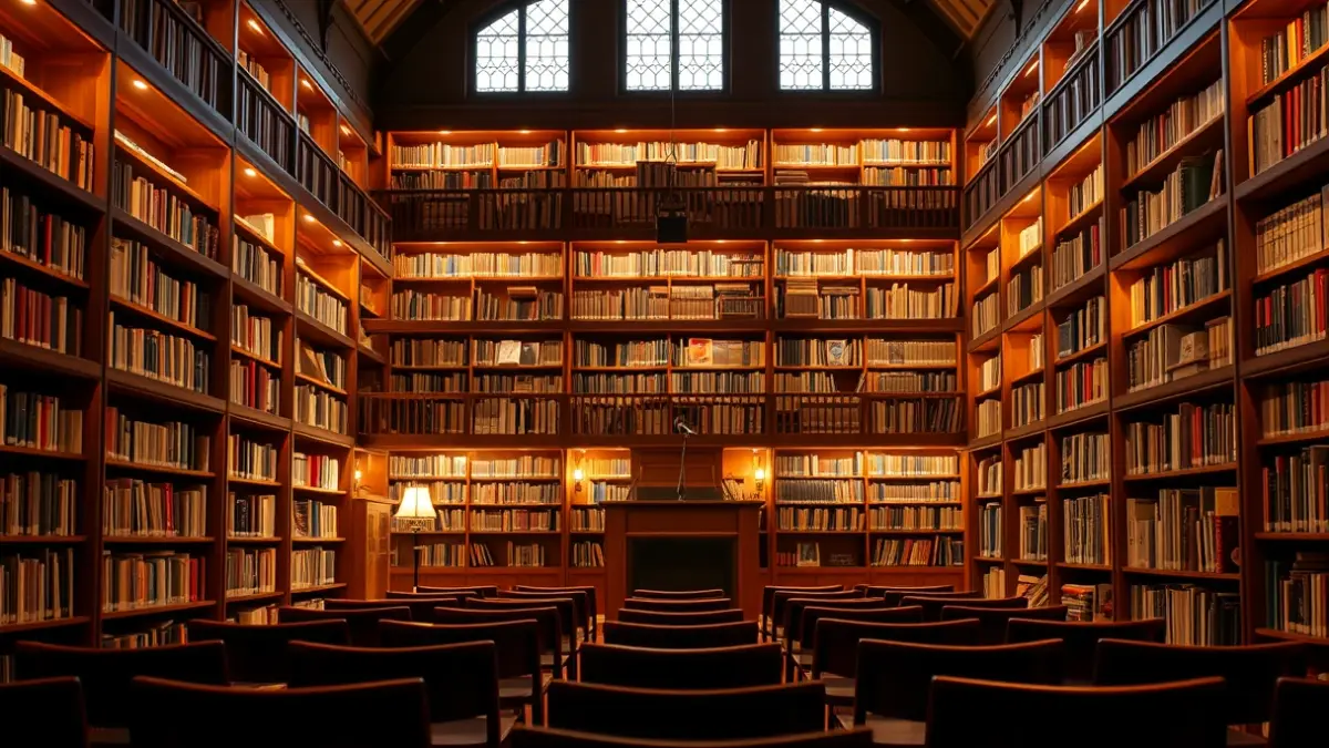 Generic image of a library interior with wooden bookshelves, a microphone and empty chairs, in a cozy reading atmosphere.