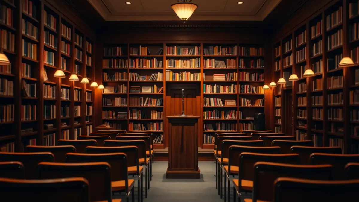 Irudi generikoa liburutegi bateko barrualde epel eta argitsuan, poesia jaialdi baterako giro lasaia sortuz.