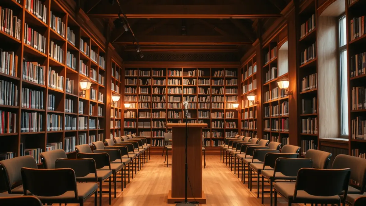 Generic image of a library interior with wooden bookshelves, a microphone, and empty chairs, in a warm atmosphere.