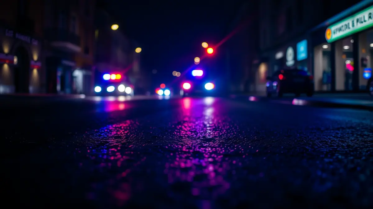 Generic image of blue and red emergency lights reflecting on wet asphalt at night.
