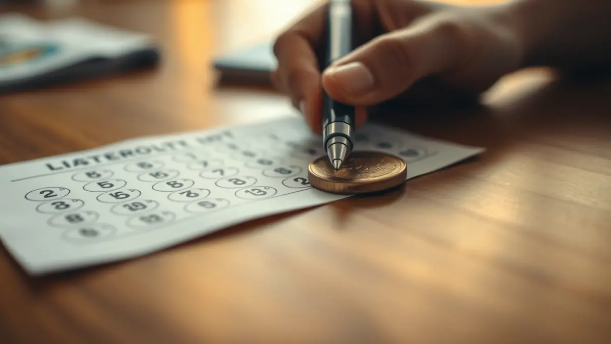 Irudi generikoa loteria txartel baten hurbileko planoan, zenbaki lausoekin eta boligrafo batekin.